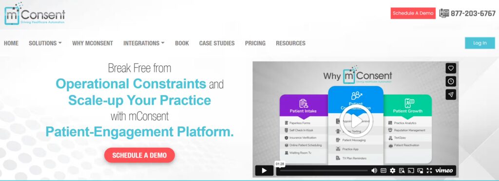 mConsent homepage with the headline 'Break Free from Operational Constraints and Scale-up Your Practice with mConsent Patient-Engagement Platform,' alongside a Vimeo video thumbnail showcasing their Patient Intake, Patient Communication, and Patient Growth features.