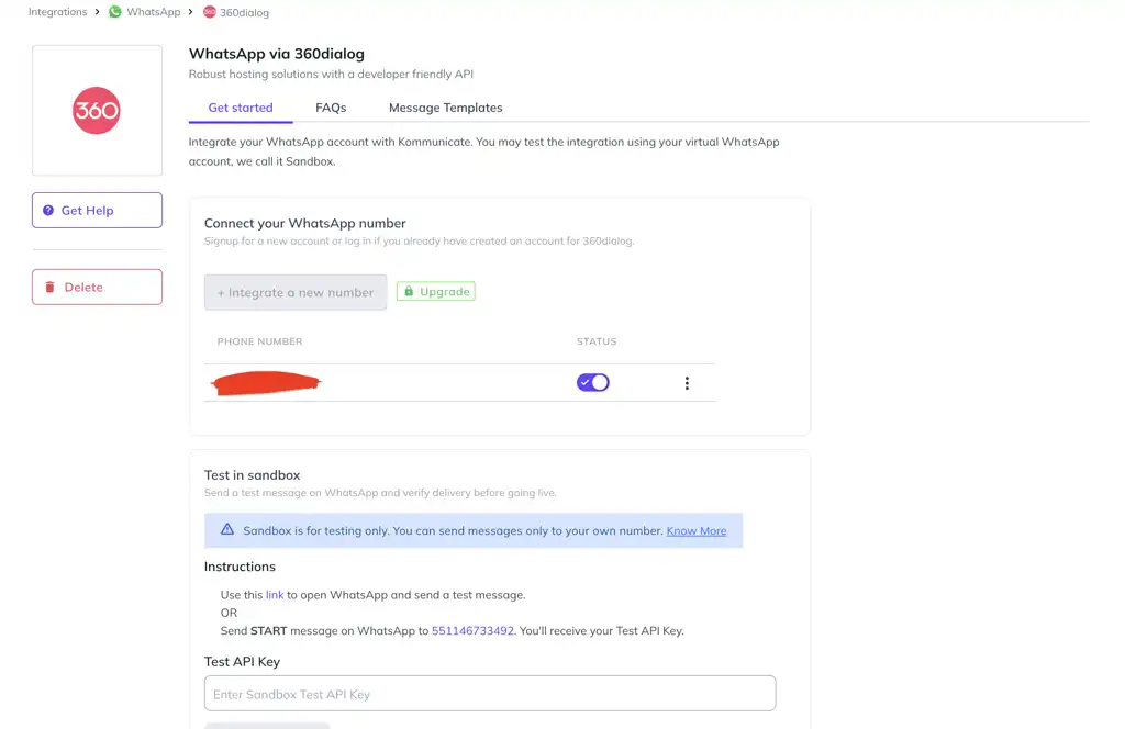 Kommunicate dashboard showing WhatsApp integration via 360dialog with connected phone number, sandbox testing section, API key field, and integration status toggle.