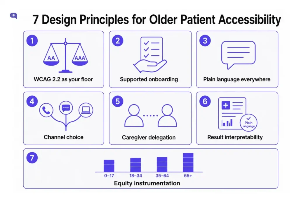 Infographic showing seven design principles for making patient engagement software accessible to older patients: meeting WCAG 2.2 standards, supported onboarding, plain language, channel choice, caregiver delegation, result interpretability, and equity instrumentation.