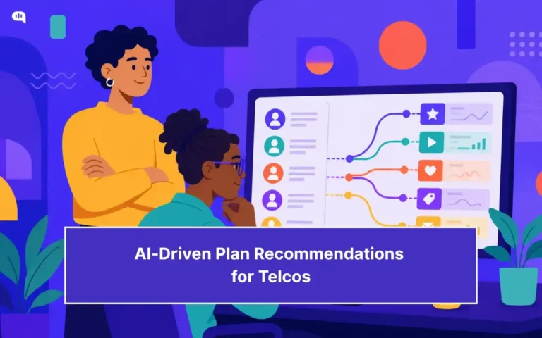 Illustrated featured image titled AI Driven Plan Recommendations for Telcos, showing two people viewing a screen where AI matches individual subscriber profiles to different personalized telecom plans.