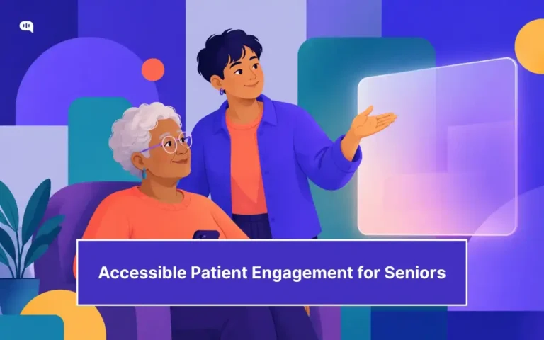 Illustration of an older patient and a healthcare support person looking at a digital interface, representing accessible patient engagement software that helps seniors navigate healthcare communication, support, and follow-up workflows.