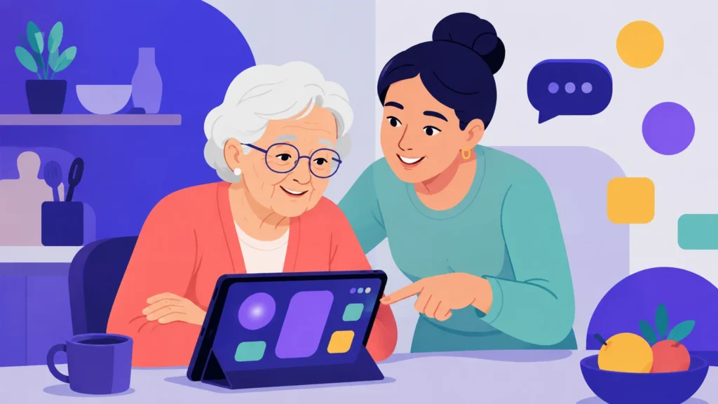 Elderly woman using a tablet at a kitchen table while a younger caregiver points to the screen and offers supportive guidance.