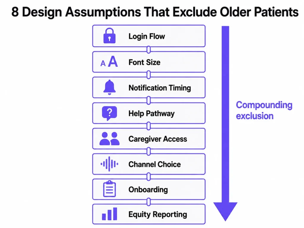 Eight linked cards showing design assumptions that can exclude older patients, including login flow, font size, notification timing, help pathways, caregiver access, channel choice, onboarding, and equity reporting.