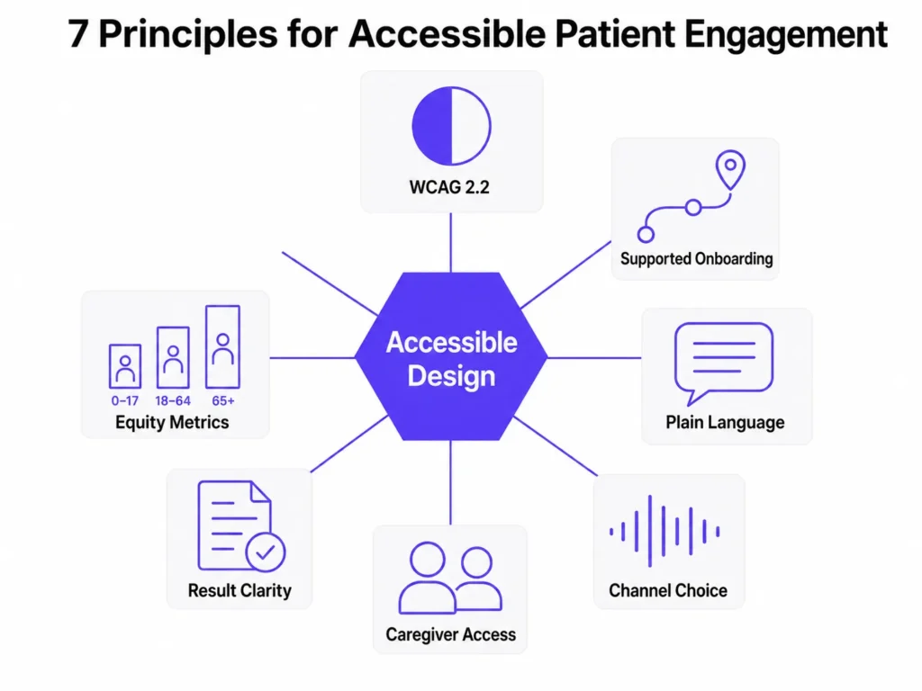 Accessible Design hub connected to seven principles: WCAG 2.2, supported onboarding, plain language, channel choice, caregiver access, result clarity, and equity metrics.