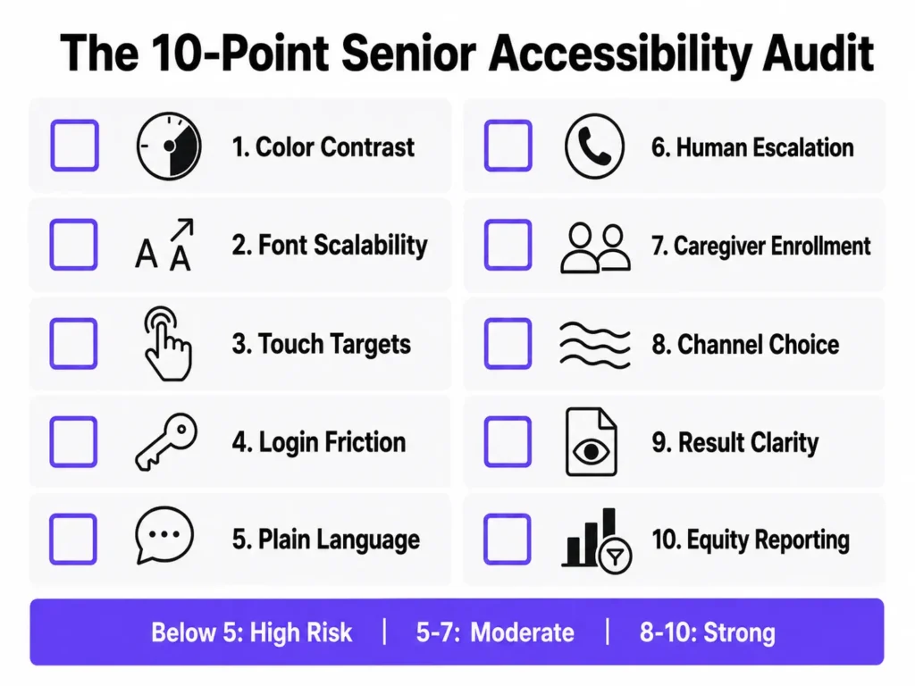 Ten-point senior accessibility checklist covering color contrast, font scalability, touch targets, login friction, plain language, human escalation, caregiver enrollment, channel choice, result clarity, and equity reporting.
