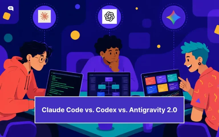 Illustration of developers comparing Claude Code, Codex, and Antigravity 2.0 on multiple screens, representing a hands-on comparison of AI coding agents for software development.