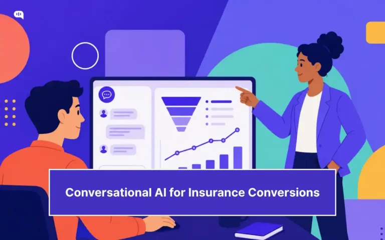 An illustrated cover image for an article titled "Conversational AI for Insurance Conversions" showing two professionals reviewing an AI dashboard on a large screen. The screen displays a chat interface on the left and a conversion funnel with a rising trend chart on the right. A woman in a blue blazer points at the dashboard while a man in an orange shirt looks on. The background features bold purple, teal and orange shapes in a flat illustration style.