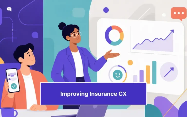 Illustration of an insurance professional presenting customer experience analytics dashboards while a policyholder uses a mobile support app, representing improved insurance CX through digital engagement, proactive communication, and data-driven service.