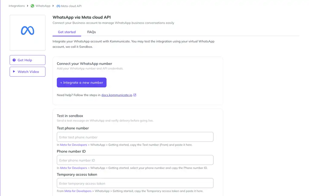 Kommunicate Meta Cloud API integration page with fields for test phone number, phone number ID, temporary access token, and WhatsApp sandbox setup instructions.