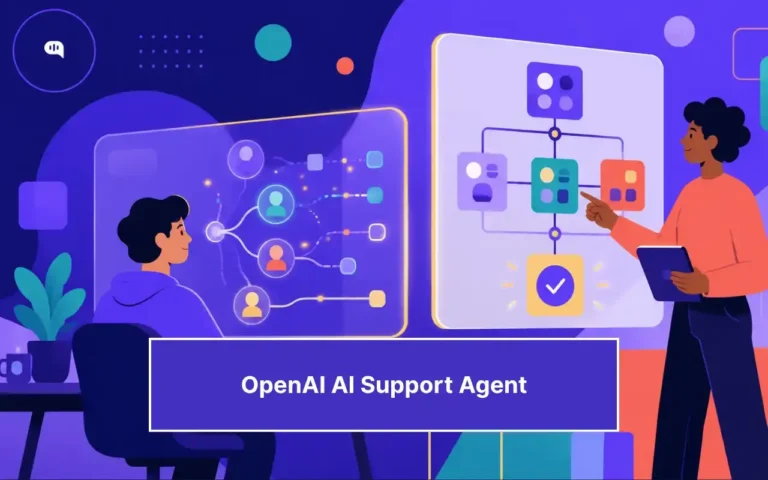 Illustration of two people working with an OpenAI AI support agent system showing a multi-agent routing workflow and customer conversation network on digital screens