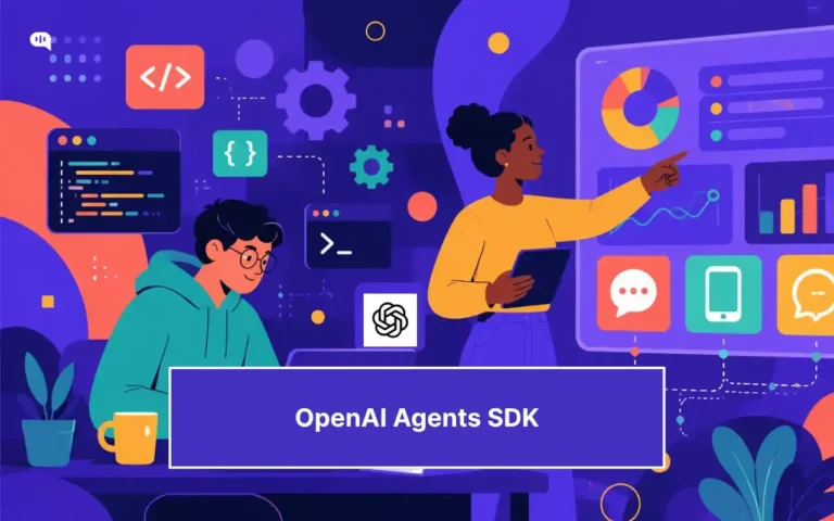 Illustration of developers building with the OpenAI Agents SDK, showing code windows, terminal tools, workflow connectors, analytics dashboards, chat interfaces, and app icons to represent AI agent orchestration, tool use, and customer support automation.