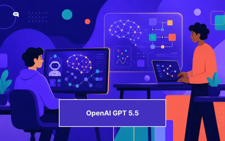 Illustration of two professionals working with AI agent dashboards, neural network diagrams, and workflow automation screens, representing OpenAI GPT-5.5 for AI agents and customer support workflows.