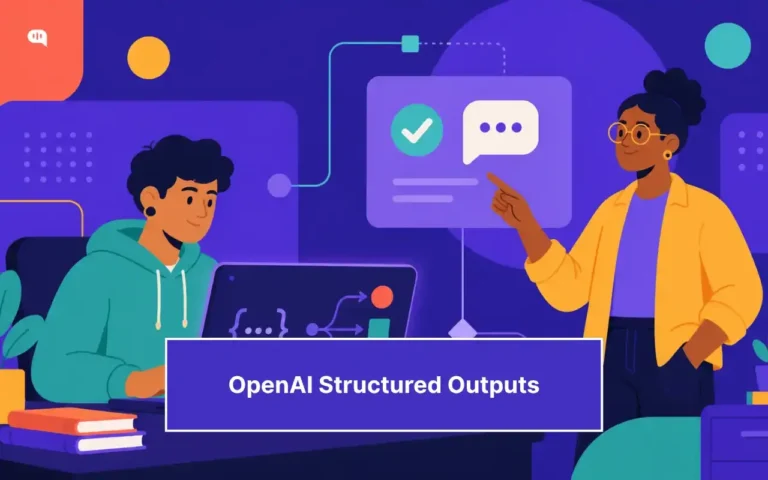 Two developers reviewing OpenAI structured output results on a laptop, with a chat interface showing a checkmark and structured response on screen