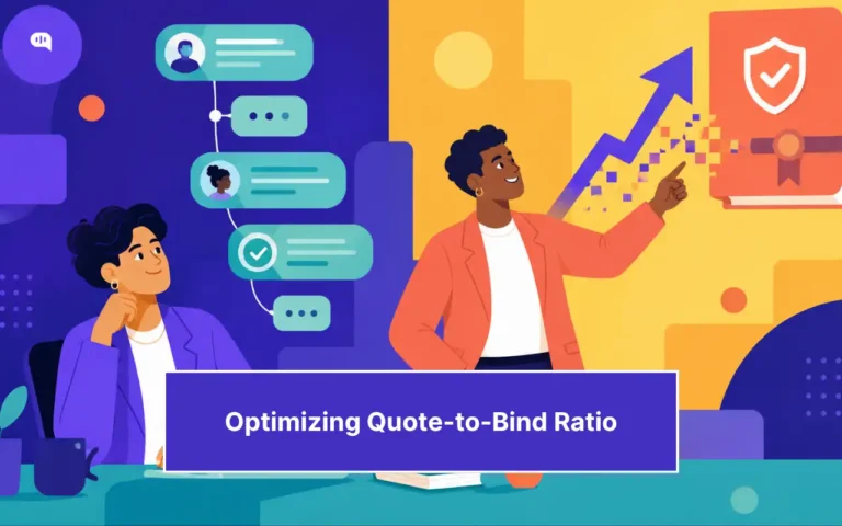 Editorial illustration of two insurance professionals using conversational AI workflows and analytics dashboards to improve quote-to-bind ratios, conversion performance, and underwriting efficiency.