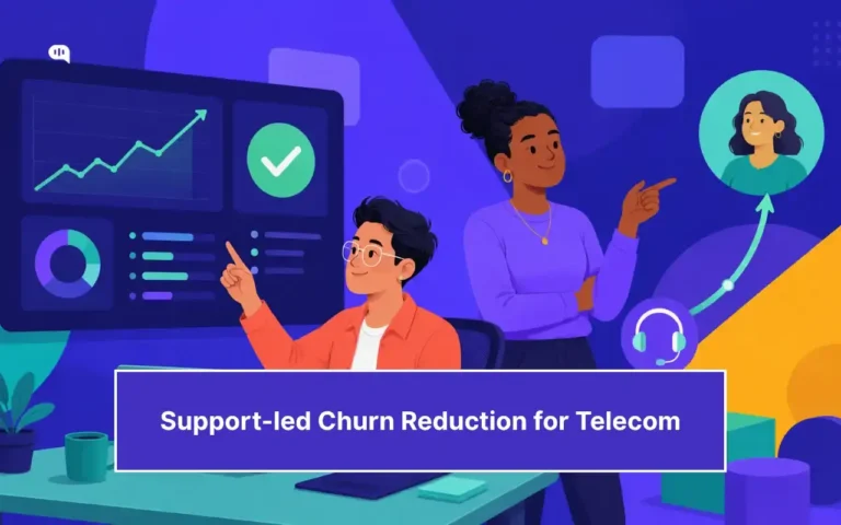 Illustration for “Support-led Churn Reduction for Telecom” showing two support team members reviewing analytics dashboards with growth charts and customer support metrics. One person points toward a customer profile connected by an upward arrow, symbolizing customer retention and improved telecom support outcomes. The scene uses purple and blue tones with customer service and analytics elements.