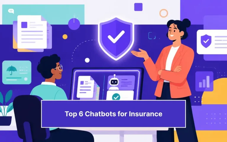 The Best Chatbots for Insurance in 2026: Ranked by Accuracy on Real Policy Documents Illustrated graphic showing a customer support agent presenting an AI chatbot interface with insurance document icons and a verified shield, titled "Top 6 Chatbots for Insurance