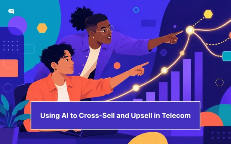 Illustration of two telecom professionals analyzing an upward growth chart, representing how AI helps telecom teams identify cross-sell and upsell opportunities to improve customer revenue.