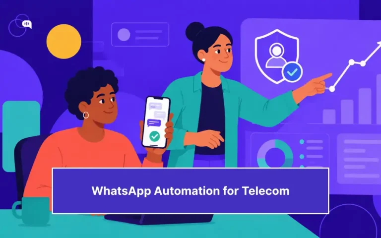 Illustration promoting “WhatsApp Automation for Telecom” showing two telecom support professionals in front of analytics dashboards and customer retention graphics. One person is holding a smartphone displaying a WhatsApp-style chat interface, while the other points toward a rising performance chart and customer verification icon. The background features telecom analytics, customer engagement visuals, and Kommunicate branding.