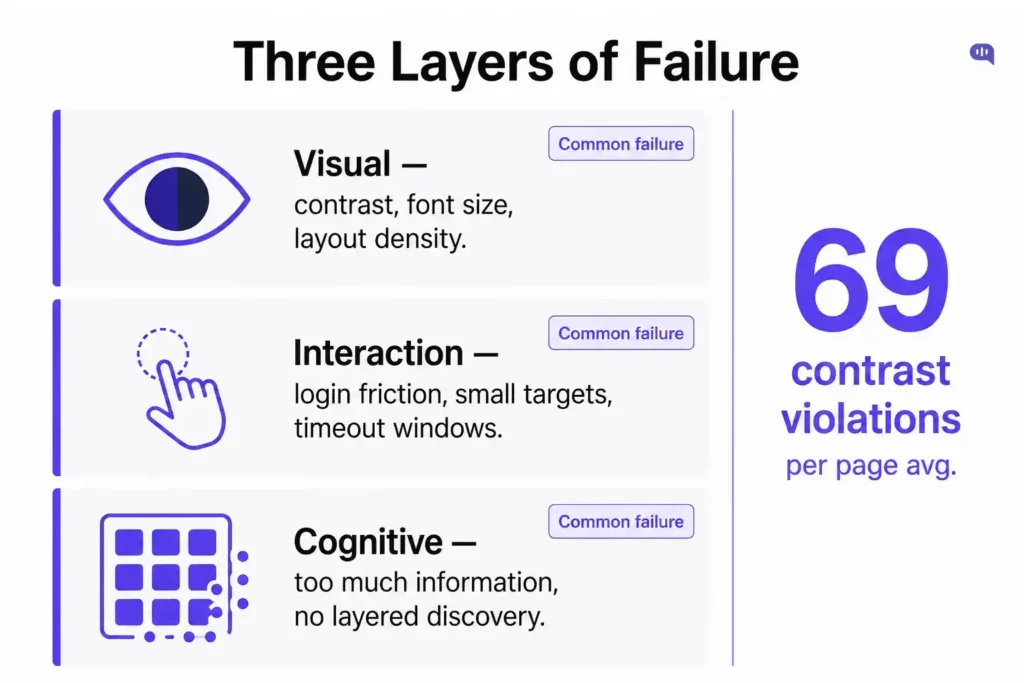 Infographic showing three common ways patient engagement software fails older patients: visual barriers such as poor contrast and small font size, interaction barriers such as login friction and small touch targets, and cognitive barriers such as too much information, with an average of 69 contrast violations per page.