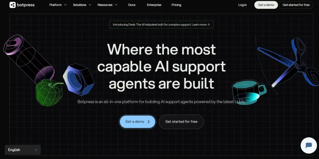 Botpress – Open-Architecture AI Chatbot Builder Botpress homepage showing the headline "Where the most capable AI support agents are built" on a dark background with 3D geometric shapes