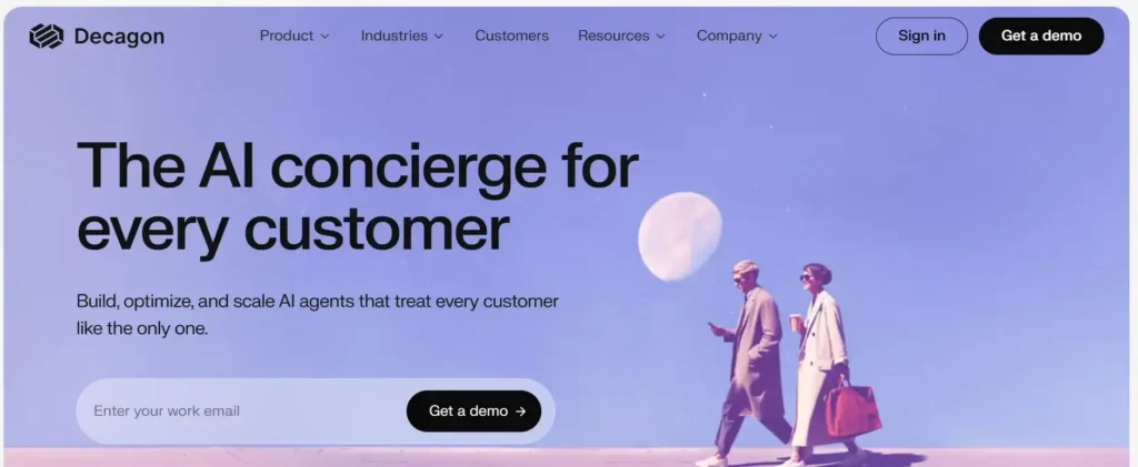 Decagon – AI Agent Platform for Customer Support Decagon homepage showing the headline "The AI concierge for every customer" with a demo signup form