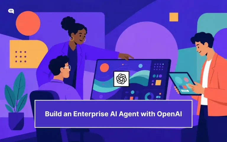 Build an Enterprise AI Agent Using OpenAI Illustration of a business team working around a large screen with the OpenAI logo, representing the process of building an enterprise AI agent with OpenAI.