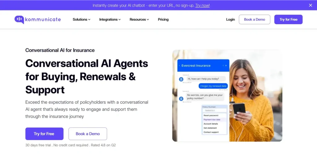 Kommunicate – Conversational AI for Insurance Kommunicate homepage showing conversational AI agents for insurance buying, renewals, and support, with a demo chat interface showing a policyholder asking about their renewal date