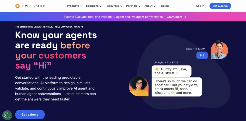 LivePerson – Enterprise Conversational AI Platform LivePerson homepage showing the headline "Know your agents are ready before your customers say Hi" with a live chat demo interface
