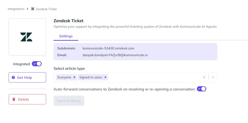 Kommunicate Zendesk ticket integration settings page showing connected Zendesk subdomain, email account, article type selection, and auto-forward conversation toggle.
