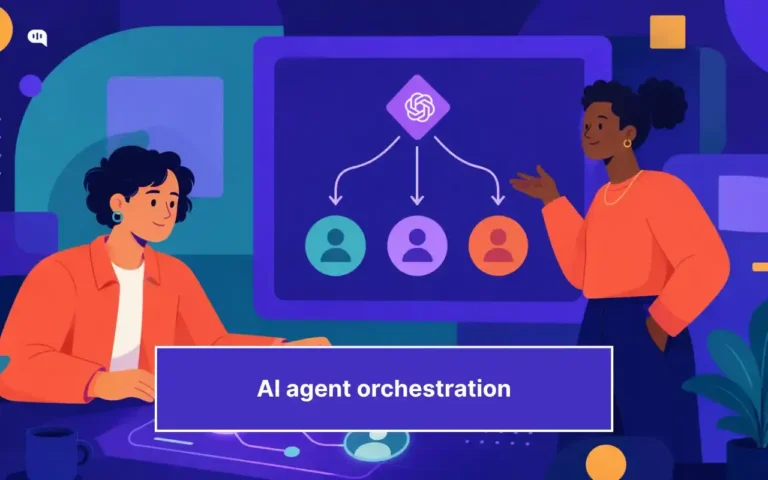 AI Agent Orchestration: How to Route, Call Tools, and Hand off in Customer Support Featured illustration for AI agent orchestration showing two support professionals looking at a screen where a central orchestrator routes to three specialized agents.