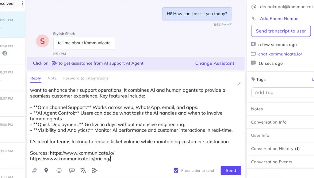 Kommunicate inbox showing an AI support assistant generated reply with key product details and source links.