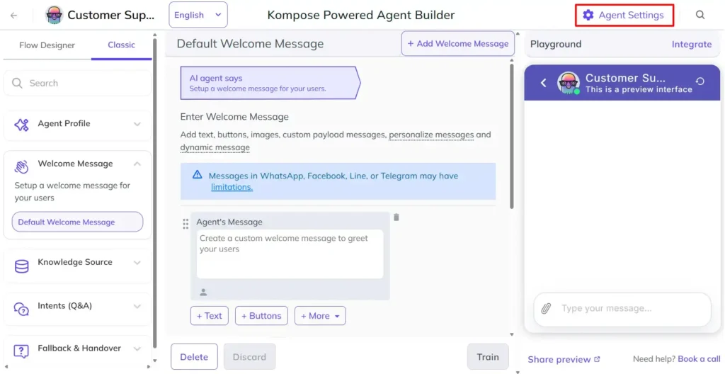 Open Agent Settings in Kompose Screenshot of the Kompose Powered Agent Builder, with the Agent Settings button highlighted in the top right corner, alongside the welcome message editor and a live chat preview panel.