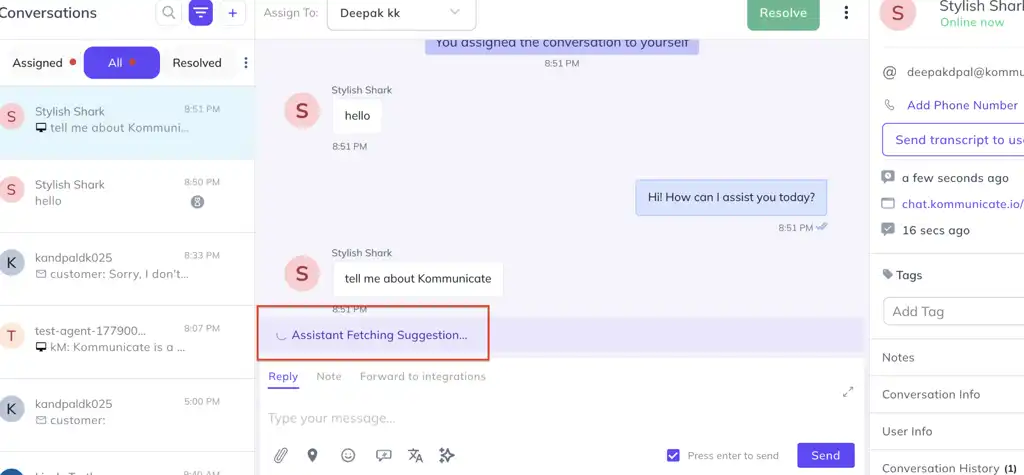 Kommunicate conversation dashboard showing an AI support assistant fetching a suggested reply during a customer chat.
