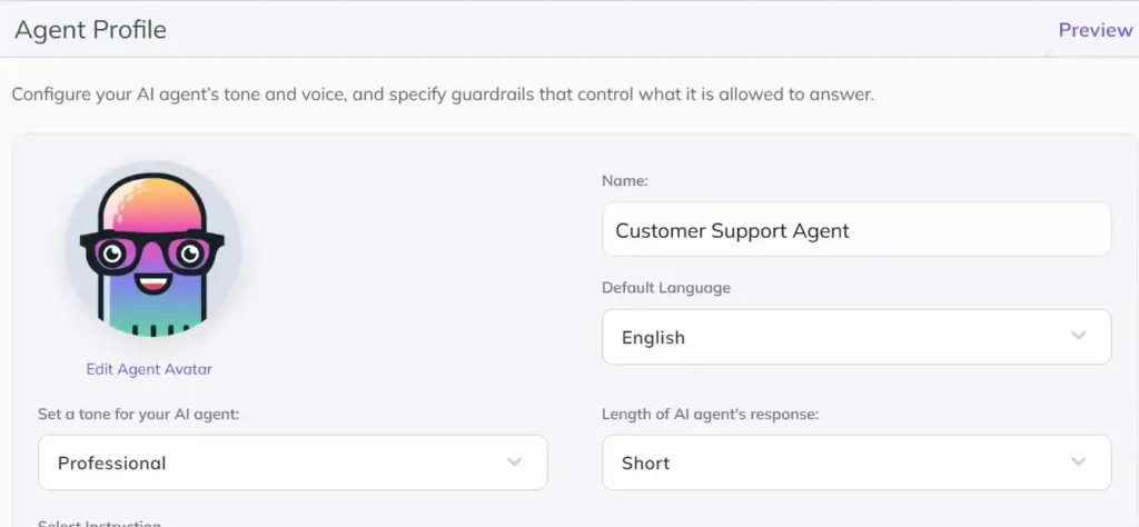 Configure the Kompose Agent Profile Screenshot of the Kompose Agent Profile setup screen, showing fields to name the agent, set the default language to English, choose a professional tone, and set a short response length.