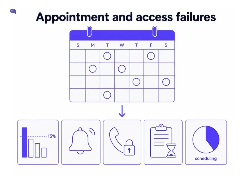 Appointment and Access Failures in Patient Communication Infographic titled Appointment and access failures, showing a calendar above icons for a no-show rate above 15 percent, appointment reminders, restricted rescheduling, manual onboarding, and scheduling dominating contact volume.