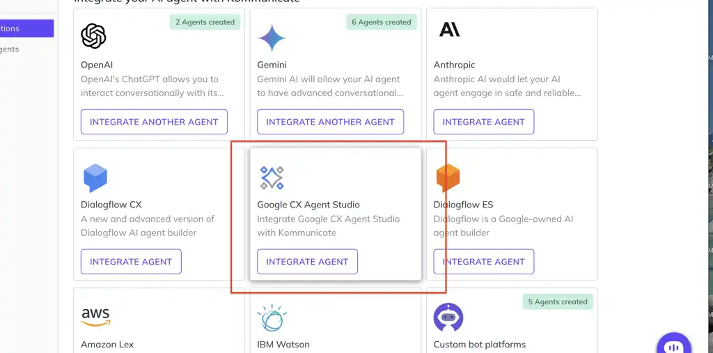 Kommunicate integrations dashboard showing the Google CX Agent Studio integration card highlighted among other AI agent platforms.