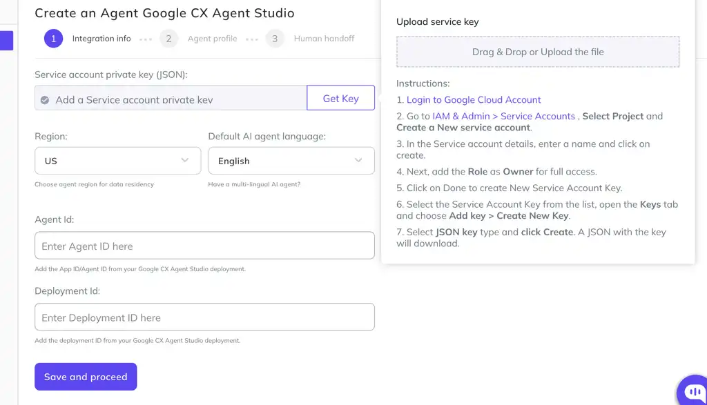 Kommunicate setup screen for creating a Google CX Agent Studio agent with fields for service key, region, language, agent ID, and deployment ID.