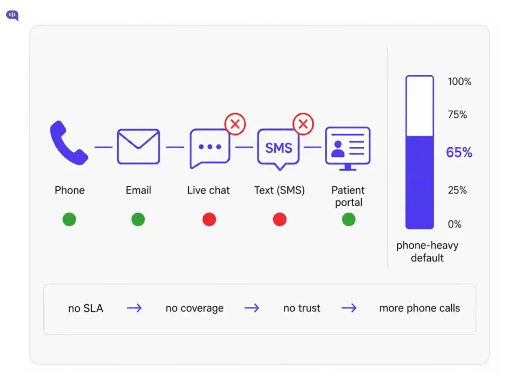 Healthcare channel gap audit infographic Channel gap audit diagram showing five patient support channels with status indicators. Phone, email, and patient portal are marked active in green, while live chat and text SMS are marked inactive in red. A vertical gauge shows phone accounting for 65 percent of contact volume as the phone heavy default. A flow below reads no SLA leads to no coverage leads to no trust leads to more phone calls.