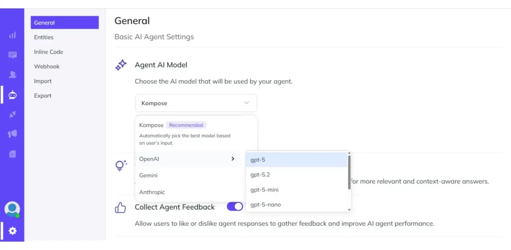 Select OpenAI as the Agent Model Screenshot of the Kompose General settings, with the Agent AI Model dropdown open showing OpenAI selected and its model options including gpt-5, gpt-5.2, gpt-5-mini, and gpt-5-nano.