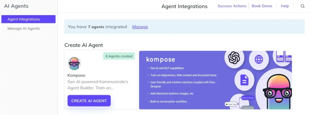 Create an AI Agent in Kommunicate Screenshot of the Kommunicate dashboard Agent Integrations page, showing the Create AI Agent option with the Kompose builder card and its Gen AI and NLP capabilities.