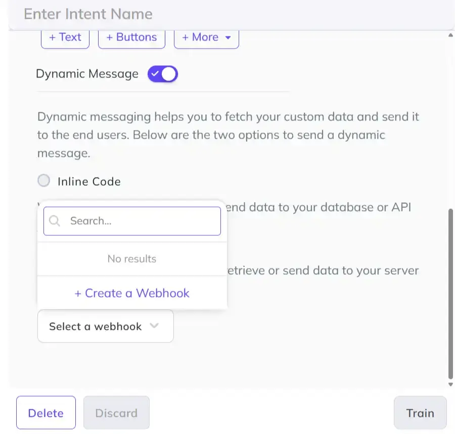 Enable Dynamic Message and Create a Webhook Screenshot of the Kompose Agent Says section with Dynamic Message enabled, showing the webhook dropdown open with a Create a Webhook option to connect the intent to a Node.js server.
