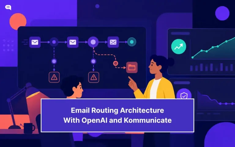 Illustration of an AI email routing architecture with workflow paths, warning signals, dashboards, and support agents, showing how OpenAI and Kommunicate help classify, route, and manage email conversations.