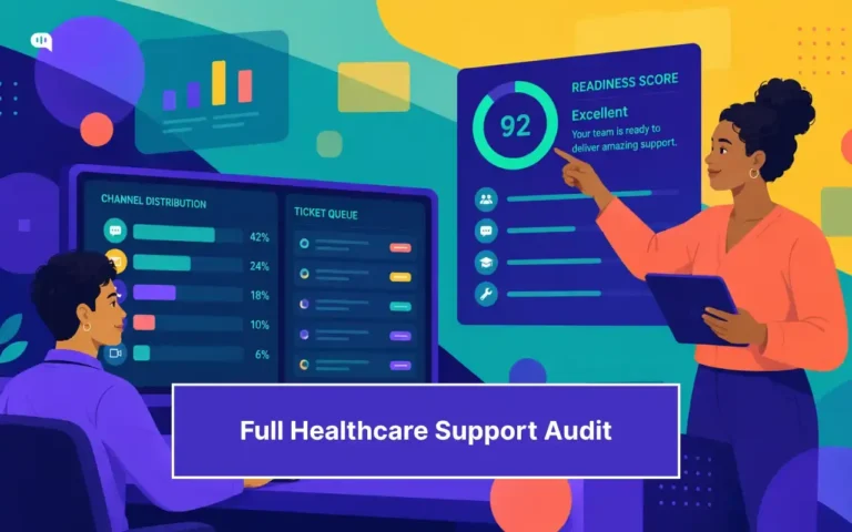 Featured illustration for a healthcare customer support audit, showing two support professionals reviewing dashboards. One screen displays a channel distribution breakdown and a ticket queue, while another shows a readiness score of 92 rated excellent with the note that the team is ready to deliver support.