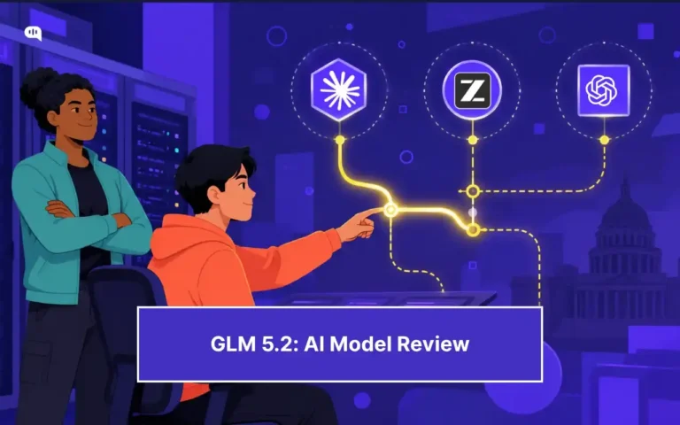 Illustrated featured image showing two developers in a server room environment. One sits at a desk pointing at a glowing connection diagram linking three AI model logos: the Anthropic Claude logo, the Z.ai GLM logo, and the OpenAI logo, connected by dotted routing lines representing a multi-provider AI stack. A government building silhouette is visible in the background. A banner at the bottom reads "GLM 5.2: AI Model Review."