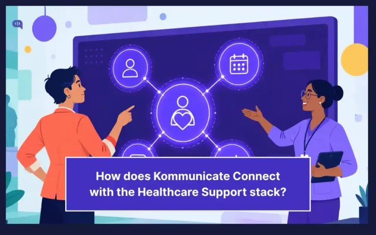 Illustration of a healthcare professional and support team member viewing a connected patient support dashboard, representing how Kommunicate integrates with healthcare systems for appointments, patient conversations, and support workflows.