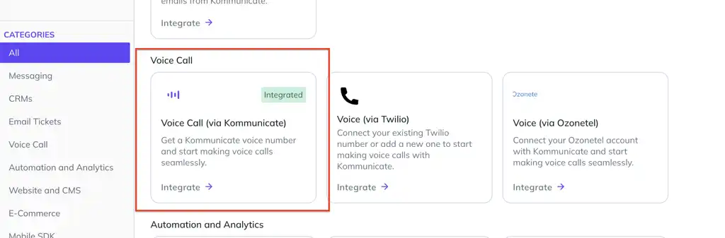Kommunicate integrations dashboard showing the Voice Call via Kommunicate integration card highlighted under the Voice Call category.