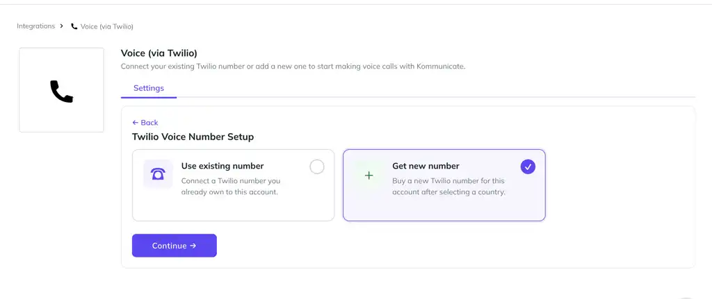 Kommunicate Twilio voice setup screen with options to use an existing number or get a new Twilio number.