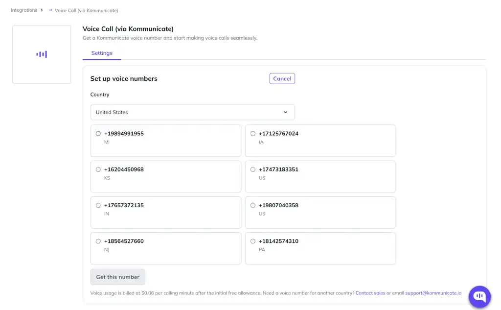 Kommunicate voice call setup screen showing available United States phone numbers for configuring a new voice number.