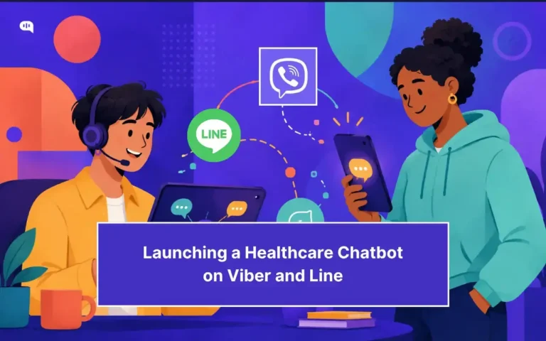 Illustrated featured image showing a healthcare support agent wearing a headset at a laptop on the left, and a patient holding a smartphone on the right. The Line and Viber app icons float between them connected by dotted lines, representing omnichannel patient communication. A banner at the bottom reads "Launching a Healthcare Chatbot on Viber and Line."