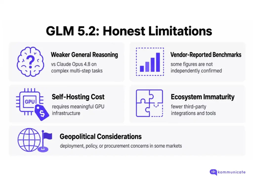 Infographic titled "GLM 5.2: Honest Limitations" showing five limitation cards. A brain with a question mark icon for Weaker General Reasoning, described as "vs Claude Opus 4.8 on complex multi-step tasks." A bar chart in a dotted border for Vendor-Reported Benchmarks, described as "some figures are not independently confirmed." A GPU chip with a price tag icon for Self-Hosting Cost, described as "requires meaningful GPU infrastructure." A puzzle pieces icon for Ecosystem Immaturity, described as "fewer third-party integrations and tools." A globe with a flag icon for Geopolitical Considerations, described as "deployment, policy, or procurement concerns in some markets."